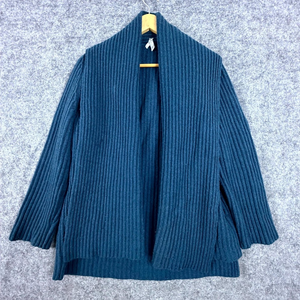 Lewit Cardigan Sweater Women Small Teal Blue Ribbed Cashmere Wool Shawl Collar